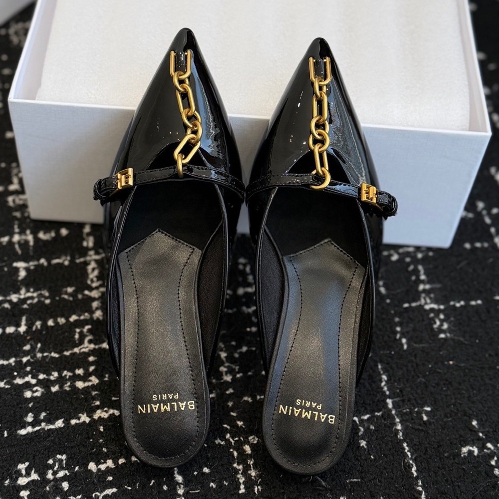 ✨ Women's Balmain Kitten Heel Mules | Black Patent Leather Gold Chain - Picture 3 of 7